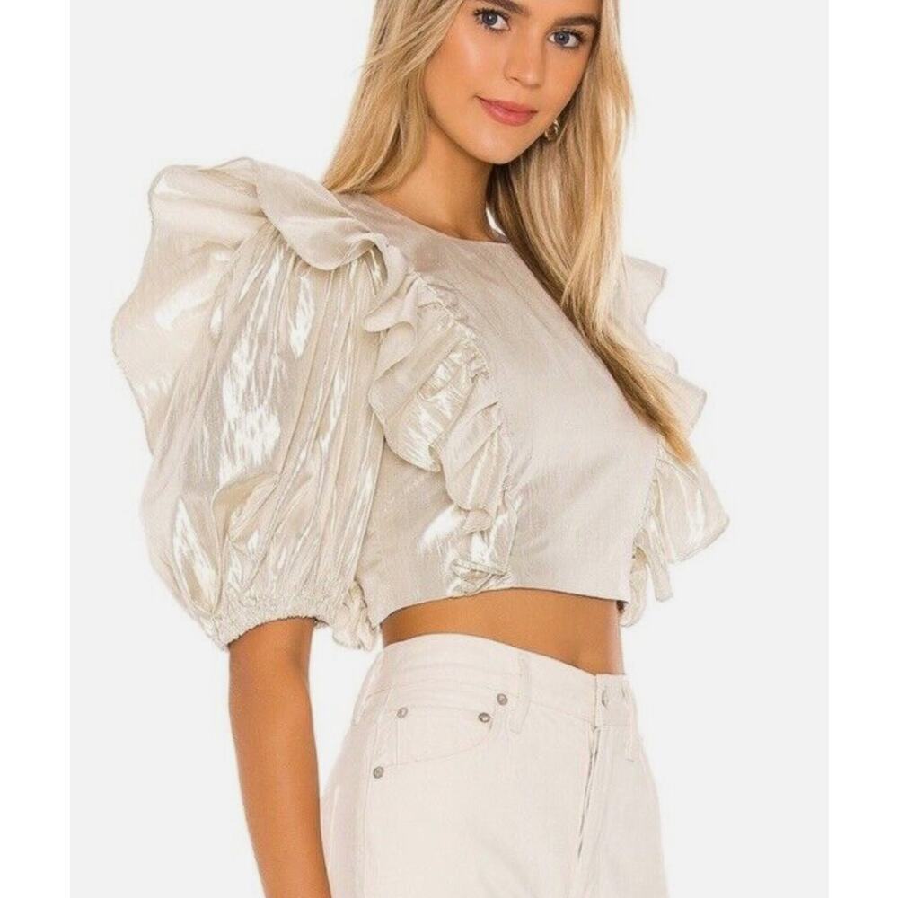 Lovers + Friends Revolve Crop Top Ruffle Metallic Foil Gold Puff Sleeve Sz XS
